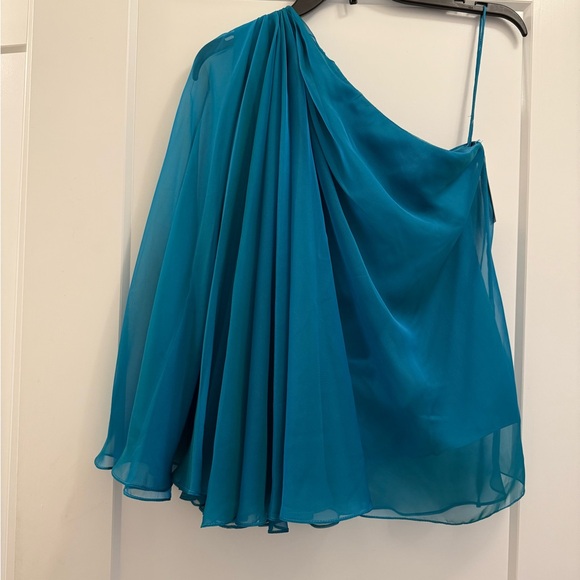 Badgley Mischka Collection $295 Teal One Shoulder stretch satin/chiffon Top - Picture 1 of 9